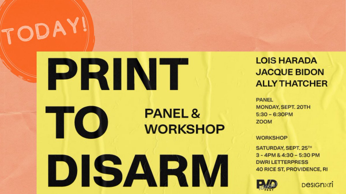 DESIGNxRI's tweet photo. You’ve got 2 opportunities today to see print in action! Print to Disarm is a hands-on printing demonstration f/ Jacques Bidon, Lois Harada & Ally Thatcher at DWRI Letterpress. #designweekri #dxri
Two sessions:
3pm: https://t.co/uoOFZbuNi4
4:30pm: https://t.co/413nWXPuM4 https://t.co/b7BhniCuvK