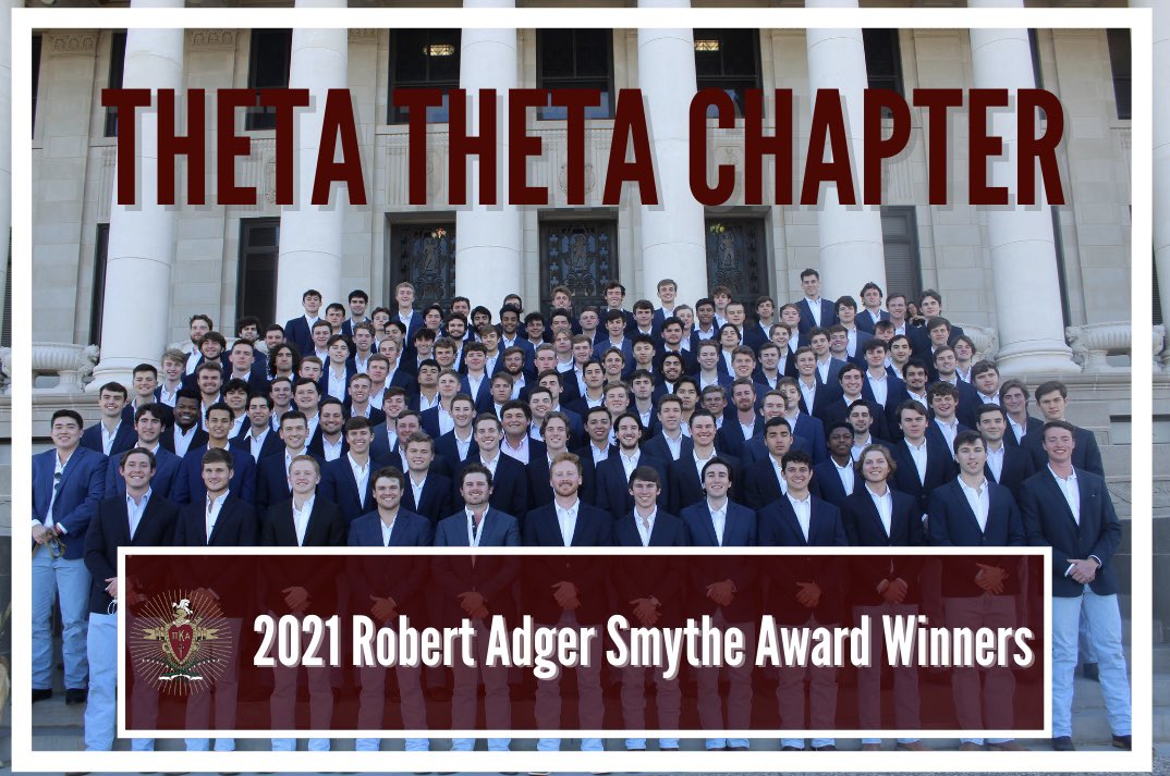 The Theta Theta Chapter is proud to announce our 3rd Consecutive Robert Adger Smythe Award. This award is granted to the top 21 pike chapters internationally! 

#pikappaalpha #pike #tamugreeks #tamu #tamu25