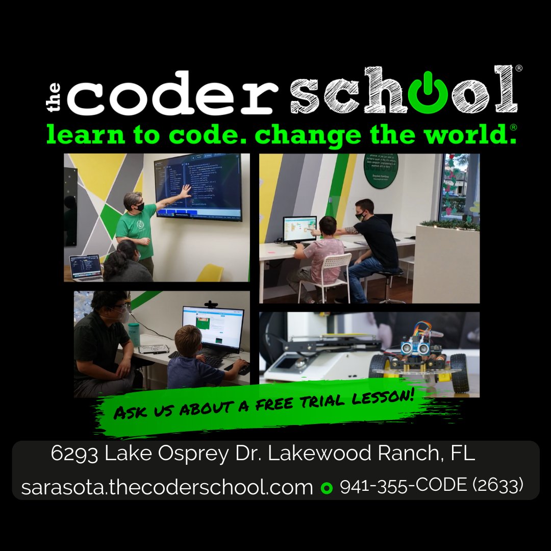 CoderSchoolSRQ's tweet image. Is your daughter or son interested in learning to code cool games or apps? Sign up today for a FREE Trial Lesson! Take a tour and learn about our programs. We are excited to meet future coders!
#coding #programming #scratchcoding #sarasota #codinglife #trial #freetrial