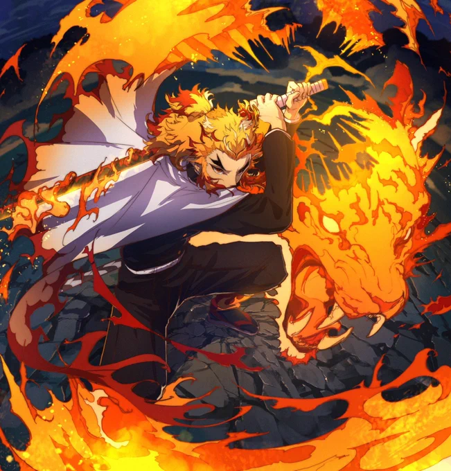 煉獄さんと猗窩座
猗窩座はさっき特急で描いたので後でもうちょい加筆します 
地上波おめでとう〜🔥❄️  #鬼滅の刃 
