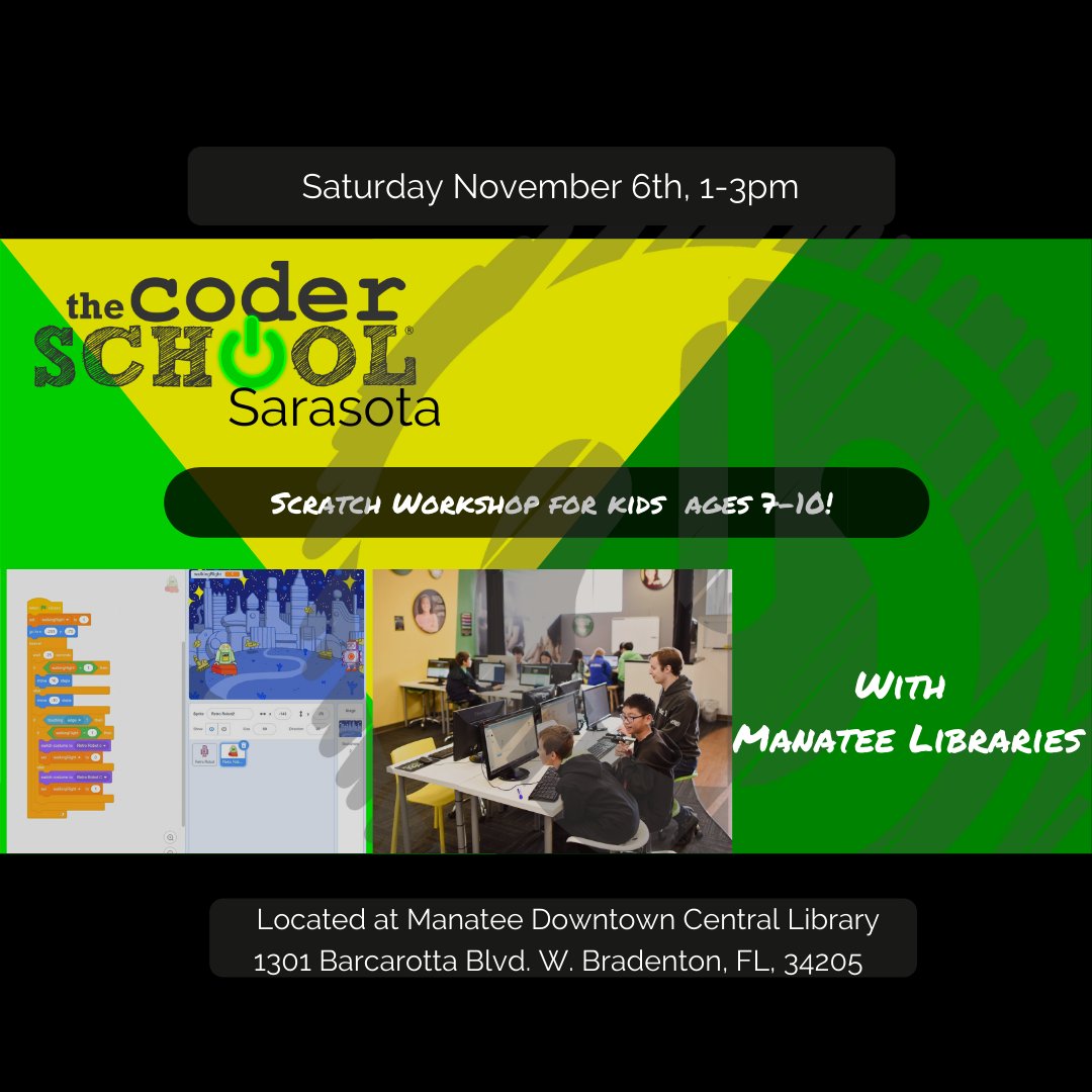 CoderSchoolSRQ's tweet image. Join us at Manatee Downtown Central Library on Saturday, November 6th from 1-3pm for our #scratch workshop! Learn to #code in a block language created by MIT! Registration is required.
#coding #programming #programmer #scratchcoding #development #codingisfun #sarasota #codinglife