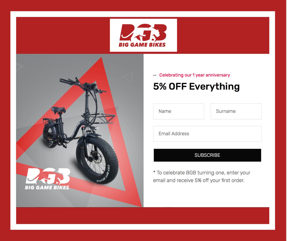 biggamebikes's tweet photo. To celebrate our 1 year anniversary we're offering 5% off EVERYTHING!

Simply enter your details on our website to redeem!

*T&amp;Cs Apply

👉 https://t.co/HGTdDoKjmz https://t.co/M8q2i5KCvi