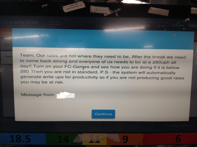 Shut_downAmazon's tweet image. Imagine working at @amazon receiving messages like this from mgnt minimum 280 units per hour X that by 10-12hrs 3K a day! or be fired by a system a worker should not be under this much pressure NY lawmakers also need to pass AB 701 from Cali @amazonlabor #UnionAmazon #NotRobots