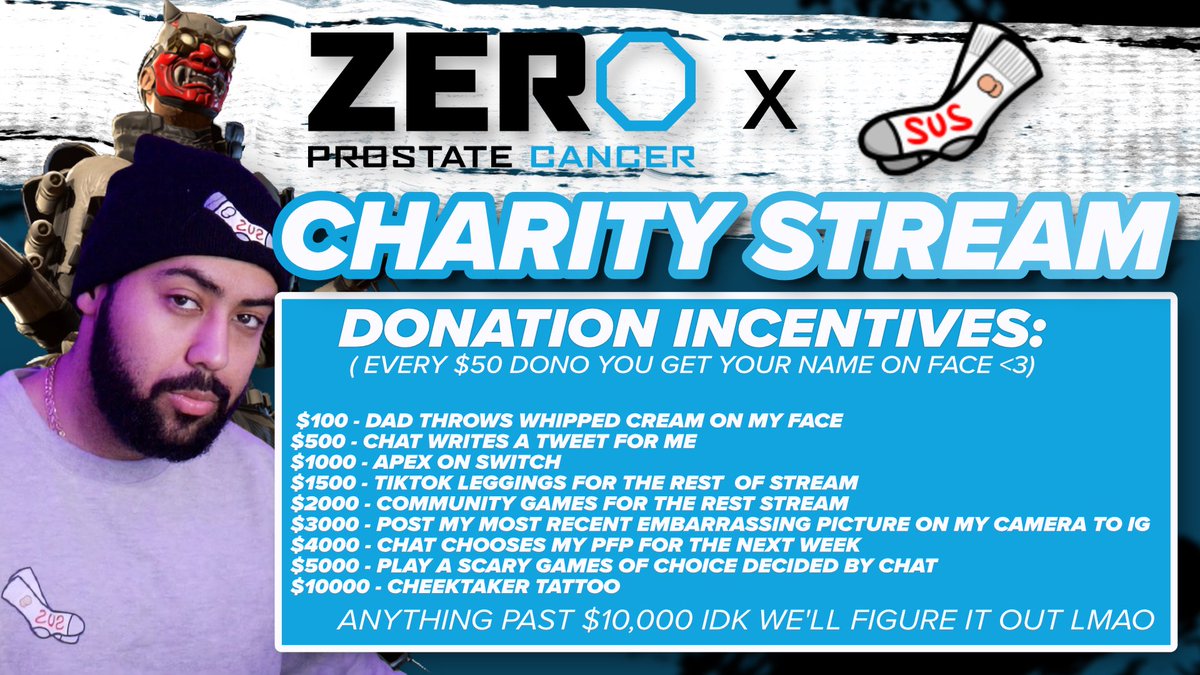 We’re doing a charity stream today!! We’re gonna be working with Zero to help bring awareness towards Prostate Cancer!! 

Every donation will be matched at the end by a group of donors! If we hit $10k raised i’ll be getting a cheektaker tattoo 😳😩

Pull up at 10am PST!! 🙌🏽