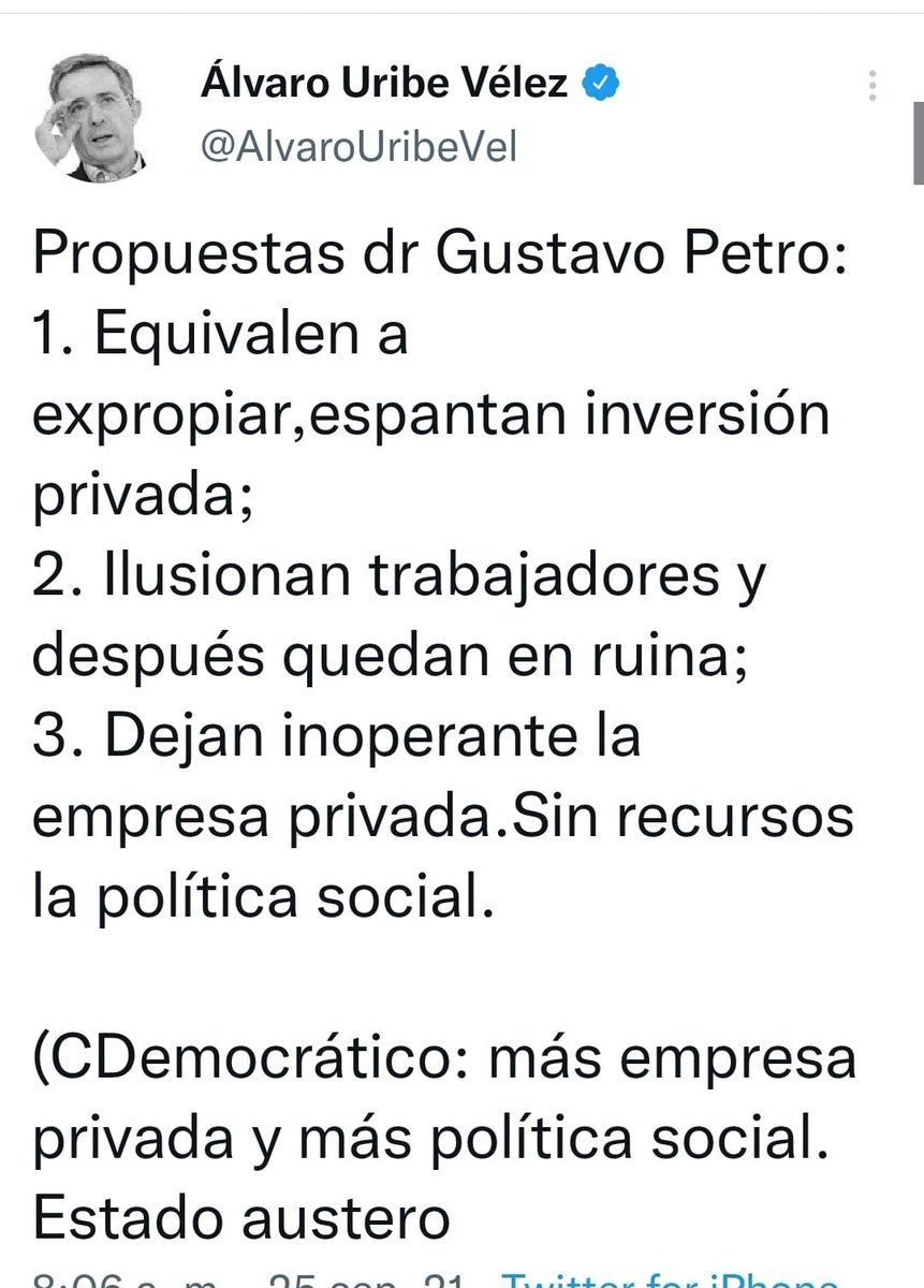 Dr. Uribe:

1- Los expropiadores son otros: miles de Hts/tierra fértil expropiadas con ejércitos paramilitares.

2- Ud es quien ha dejado en la ruina a lo/as trabajadores con leyes como la 50, 789, decreto 3164, entre otras.

3- 500 mil MIPYMES (privadas) inoperantes dejó Duque.