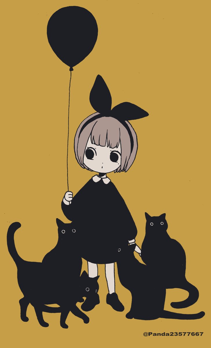 1girl cat balloon black cat dress black dress black footwear  illustration images