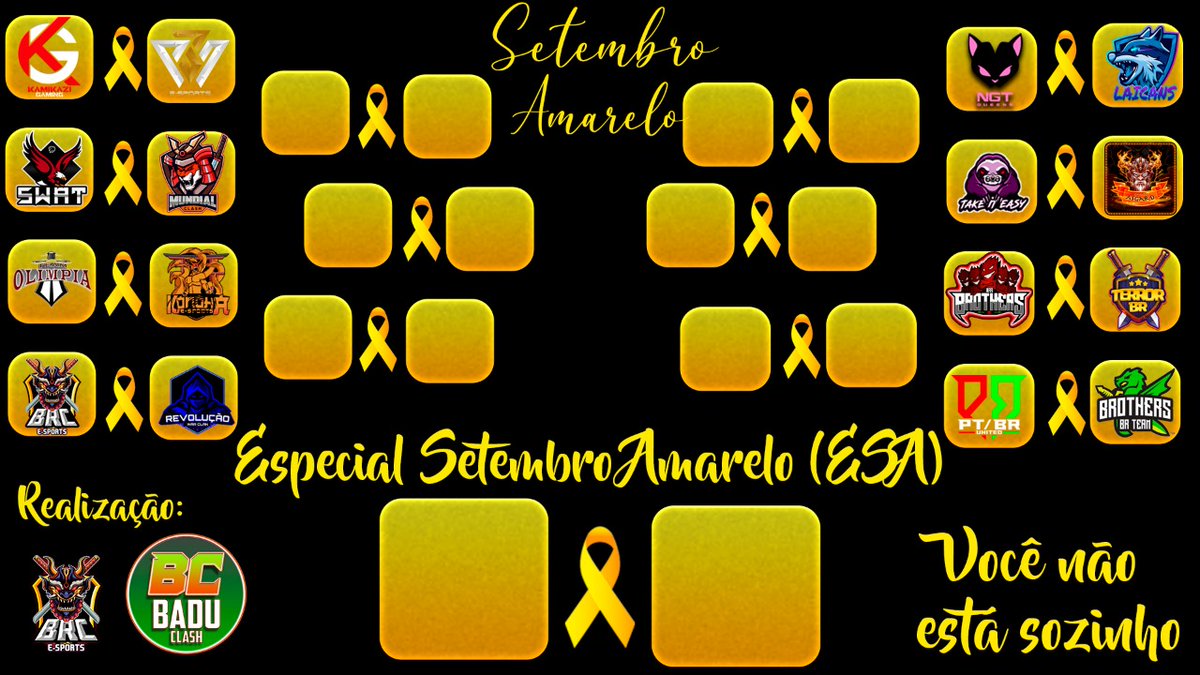 E aí pessoal, tudo na boa? 

Hoje é dia de ESA!!! 🔛

 E a 1° fase vai rolar apartir das 15:00h no canal do <a href="/BaduClash/">Badu Clash</a>

São 8 guerras seguidas hoje em e contamos com vocês 👊

A Premiação:
1° R$ 200,00 ✅
2° R$ 100,00 ✅

Boa sorte a todas as equipes!

Você não está sozinho 💛