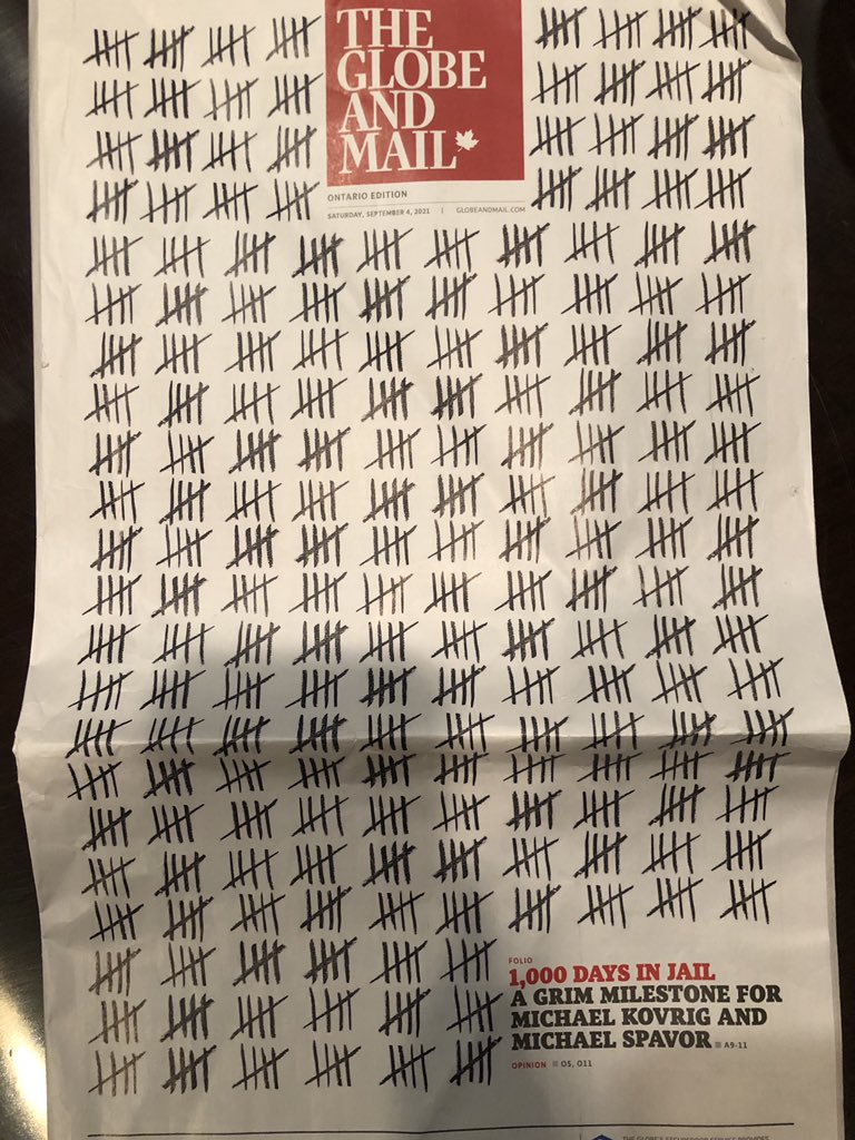 amendelson_'s tweet photo. Three weeks ago Michael Kovrig &amp; Michael Spavor marked 1000 days imprisoned in China. I asked a friend in Toronto to save the @globeandmail’s powerful front page from that day. As of yesterday - after charges against Meng Wanzhou were dropped - they are finally on their way home https://t.co/YkFLLeniVR