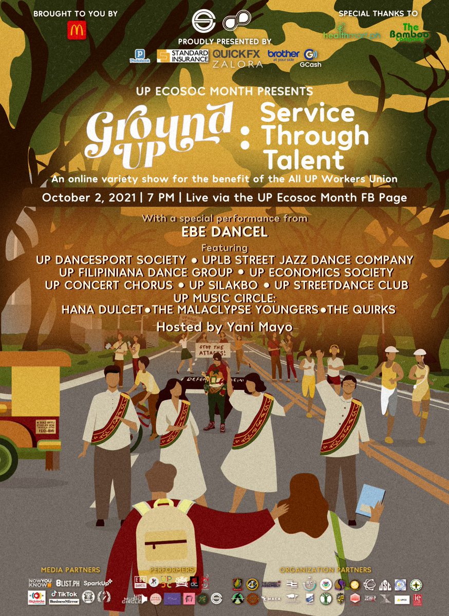 upecosocmonth's tweet photo. We’re bringing UP to you!
With more than a year since we’ve been on campus, it’s time for a reunion. We proudly present Ground UP: Service Through Talent, an online variety show for the benefit of the All UP Workers Union.
See you, Iskos!
#RememberSeptember #EM63 #GroundUP https://t.co/Cy43U71g5X