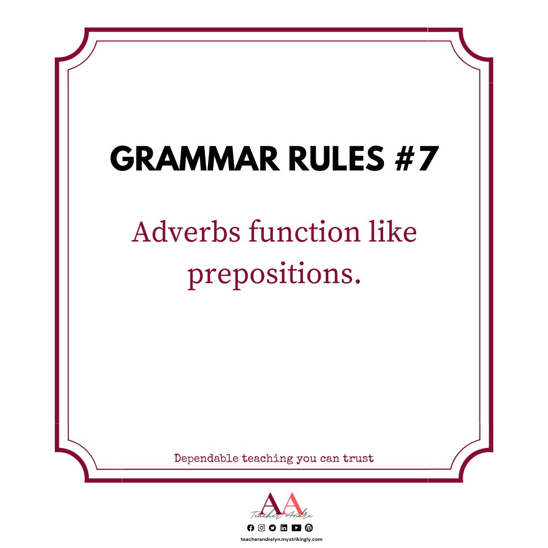 teacherandrelyn's tweet photo. ✔️ When a prepositional phrase describes a verb, an adjective, or an adverb, then the prepositional phrase is functioning as an adverb.
✔️ Adverbs are words that modifies a verb.

Browse my page and check out the services I offer 😉😄 💯

#learnwithteacherandre #eslteacherph https://t.co/TF39Ayk0wo