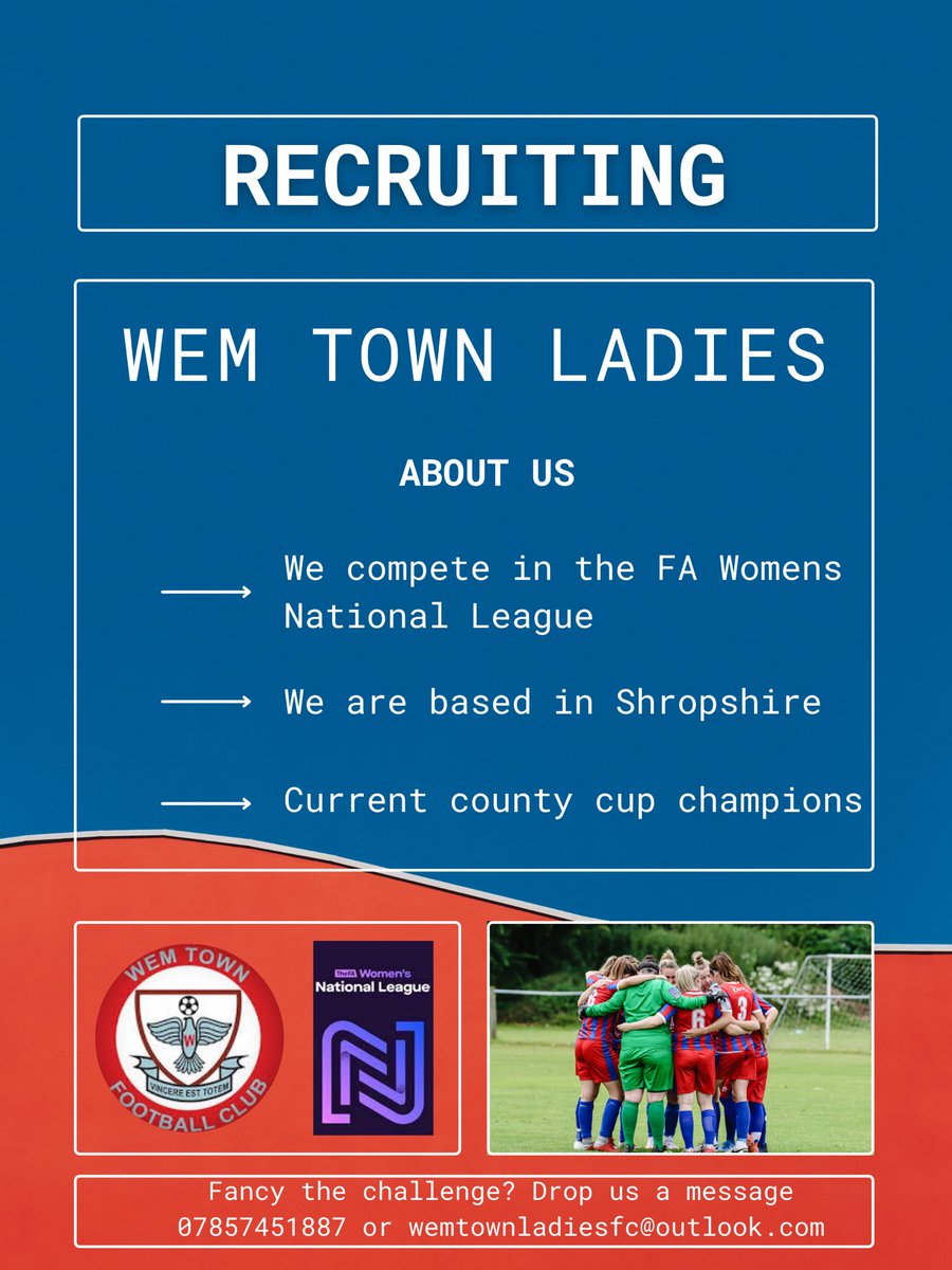 WemTownLadies's tweet photo. ‼️ PLAYER RECRUITMENT ‼️ 

If you want to play in the FA Women’s National League and be a part of an ambitious, growing club then please contact us 07857451887 https://t.co/p9dFwlVuGv
