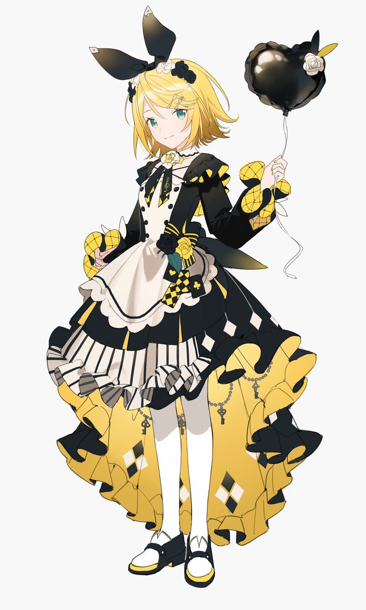 kagamine rin 1girl balloon blonde hair solo dress holding hair ornament  illustration images