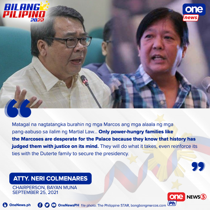 onenewsph's tweet photo. #BilangPilipino2022 | Bayan Muna's Neri Colmenares says the nomination of former senator Bongbong Marcos as president in 2022 is an attempt to erase the human rights abuses and other crimes during the Martial Law.

RELATED: https://t.co/Z95NKBTFAB https://t.co/MC32wWWT36