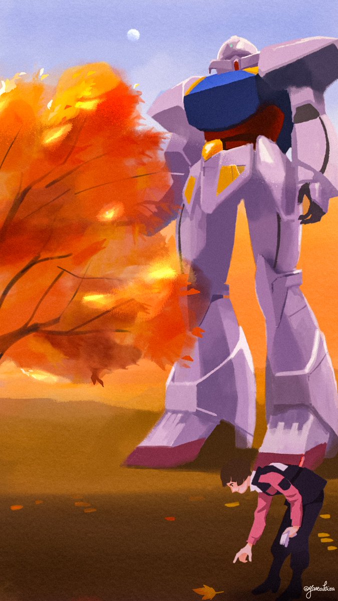 mecha robot 1boy autumn autumn leaves looking up tree  illustration images