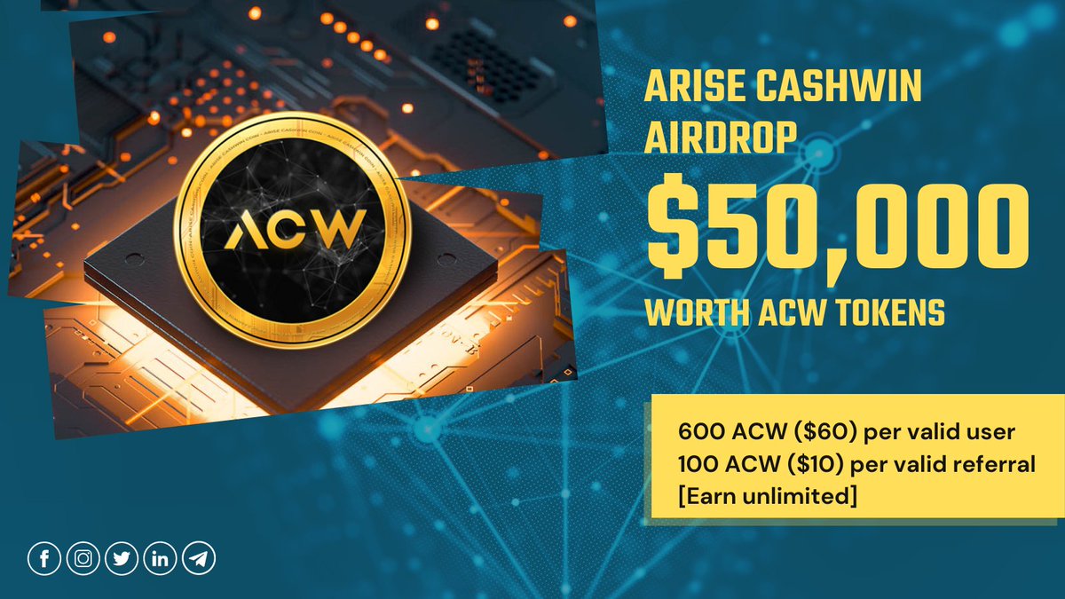 Arise CashWin #Airdrop (ACW COIN)
💰Rewards: 600 ACW ($60)
👥 Referral: 100 ACW ($10)

🚀 Airdrop Link: bit.ly/ACW_airdrop

*Follow 
* Like and retweet this Tweet

🌐 About Arise CashWin: Visit- acwcoin.com

#ACW #ACWCoin #crypto #cryptocurrency #cryptonews