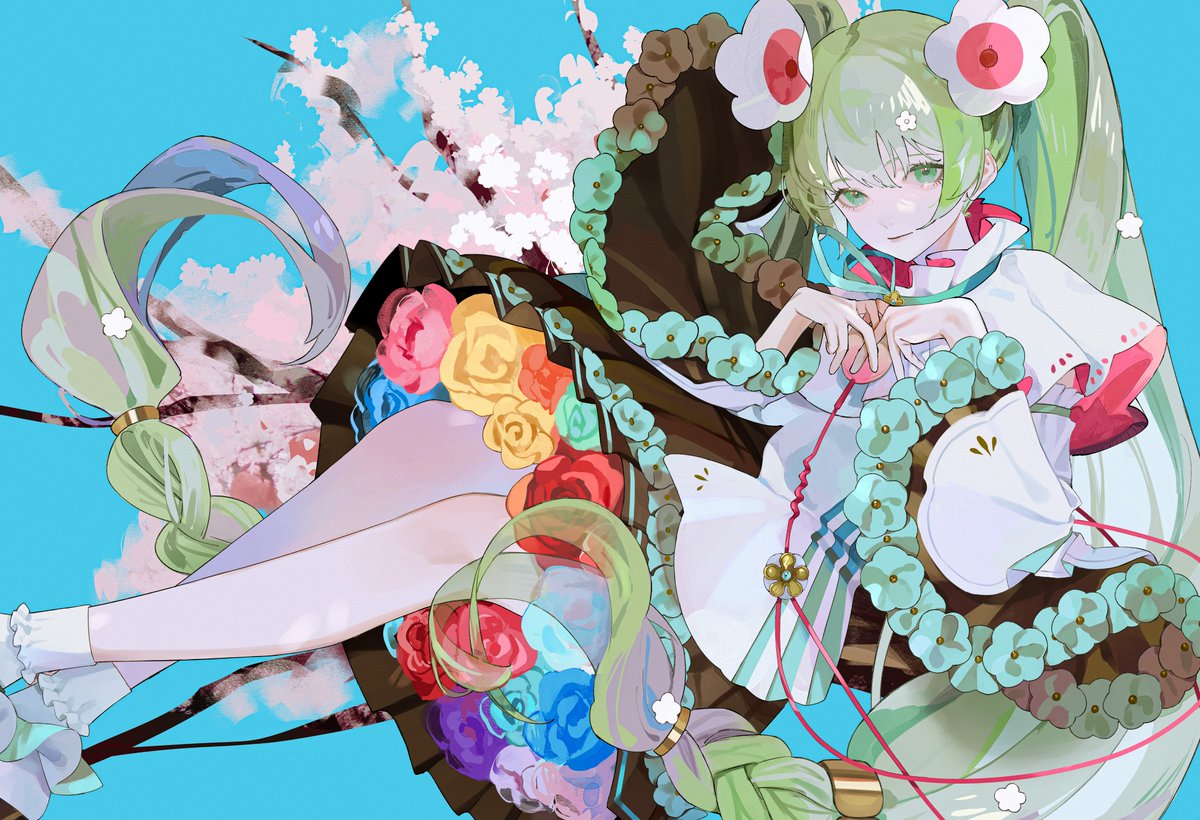 hatsune miku ,magical mirai miku 1girl flower solo hair flower hair ornament twintails looking at viewer  illustration images