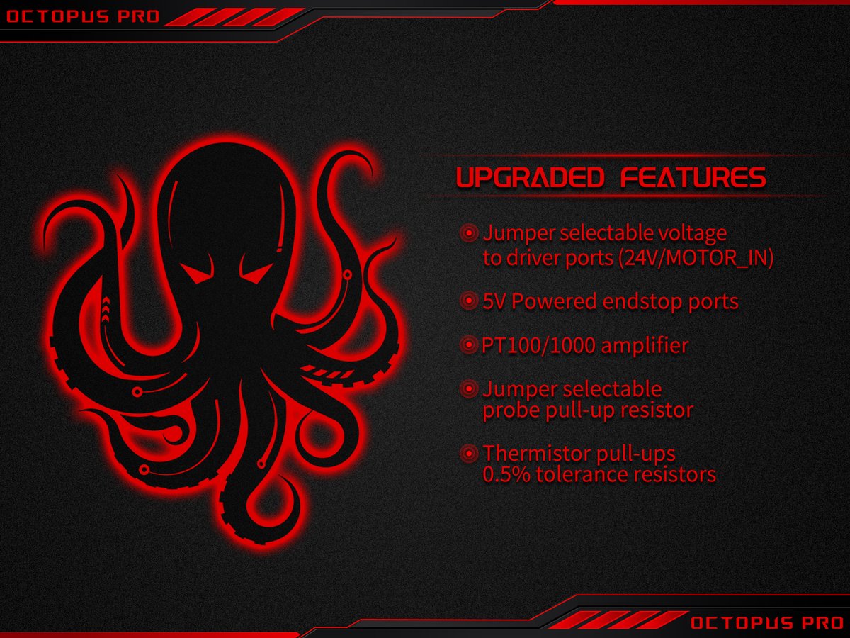 BigTreeTech's tweet photo. Curious about the upgraded features of BIGTREETECH Octopus Pro? Here is a sneak peek of its highlights. All in Octopus Pro.🐙👇👇

✨Which one you are excited about?

#bigtreetech #biqu #3dprinting #3dprint #3dprinted #3dprinterpart #motherboard #octopuspro #corexy https://t.co/1R1QHfK78U