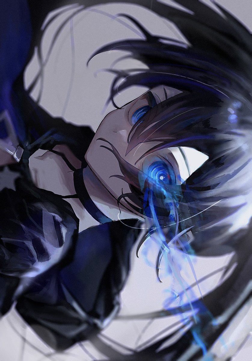 black rock shooter (character) 1girl solo blue eyes black hair long hair twintails hair between eyes  illustration images
