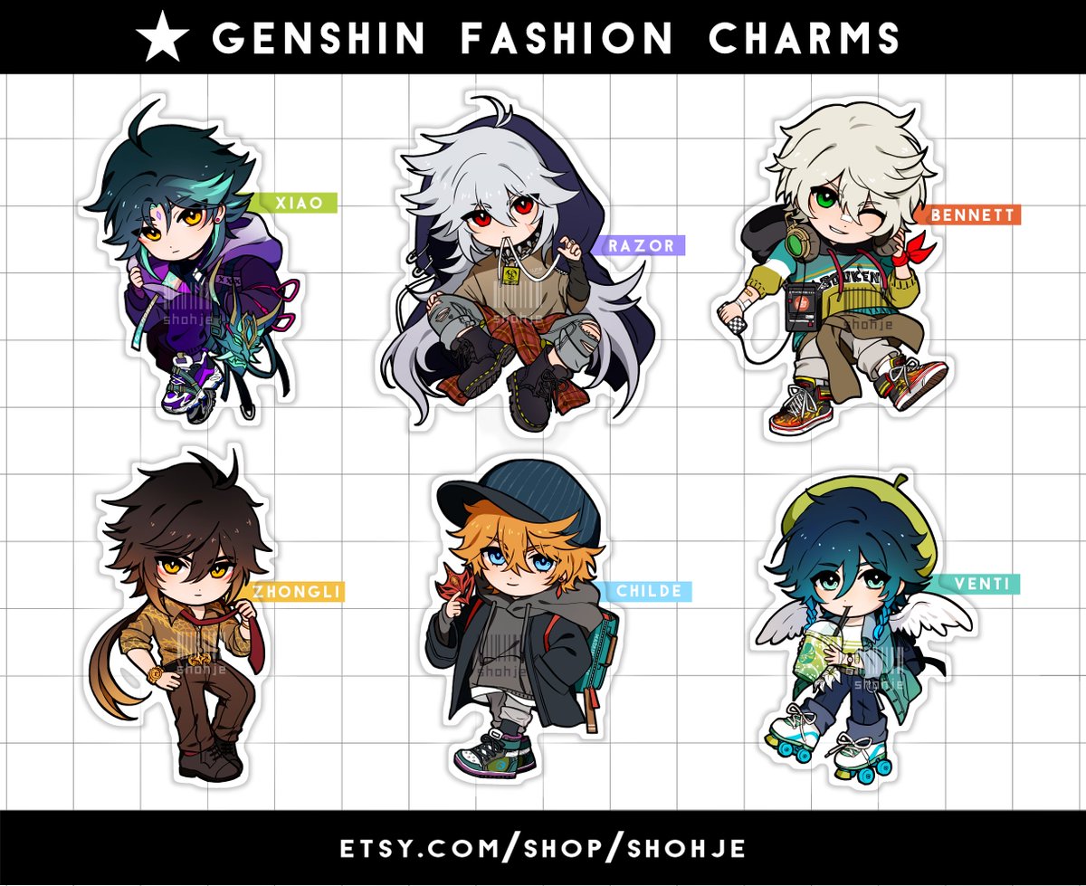 ⭐️new genshin fashion charms available!
[ xiao - razor - bennett ]
[ zhongli - childe - venti ]

🎉 giveaway: rt for 1 charm of any avail character
(followers only, will ship international)
ENDS: 10/10/21

👜 link in replies

#GenshinImpact #原神 