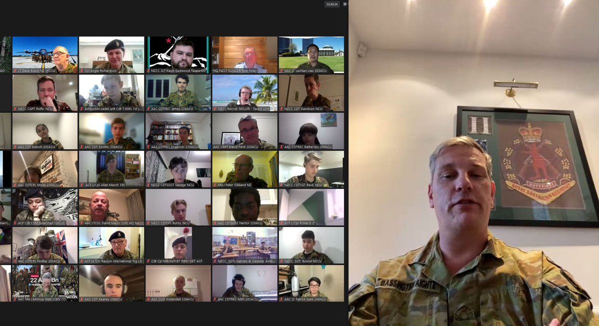 Col_ARichardson's tweet photo. A momentous and mammoth 2 hour cadet engagement this morning with our Australian and New Zealand Cadet friends. With 119 on the zoom call interacting and sharing information expanding on the wider cadet experience. ANZUK cadets, long may it continue. https://t.co/vVTZWU6R6K