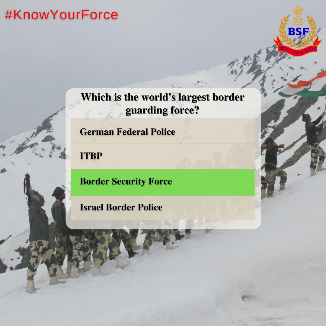 BSF_India's tweet photo. With over 2.65 lakh personnel deployed for safeguarding the Indo-Pakistan & Indo-Bangladesh borders, Border Security Force (BSF) is the largest border guarding force in the world.
#BSFQuiz
#KnowYourForce https://t.co/kEehYUHzHn