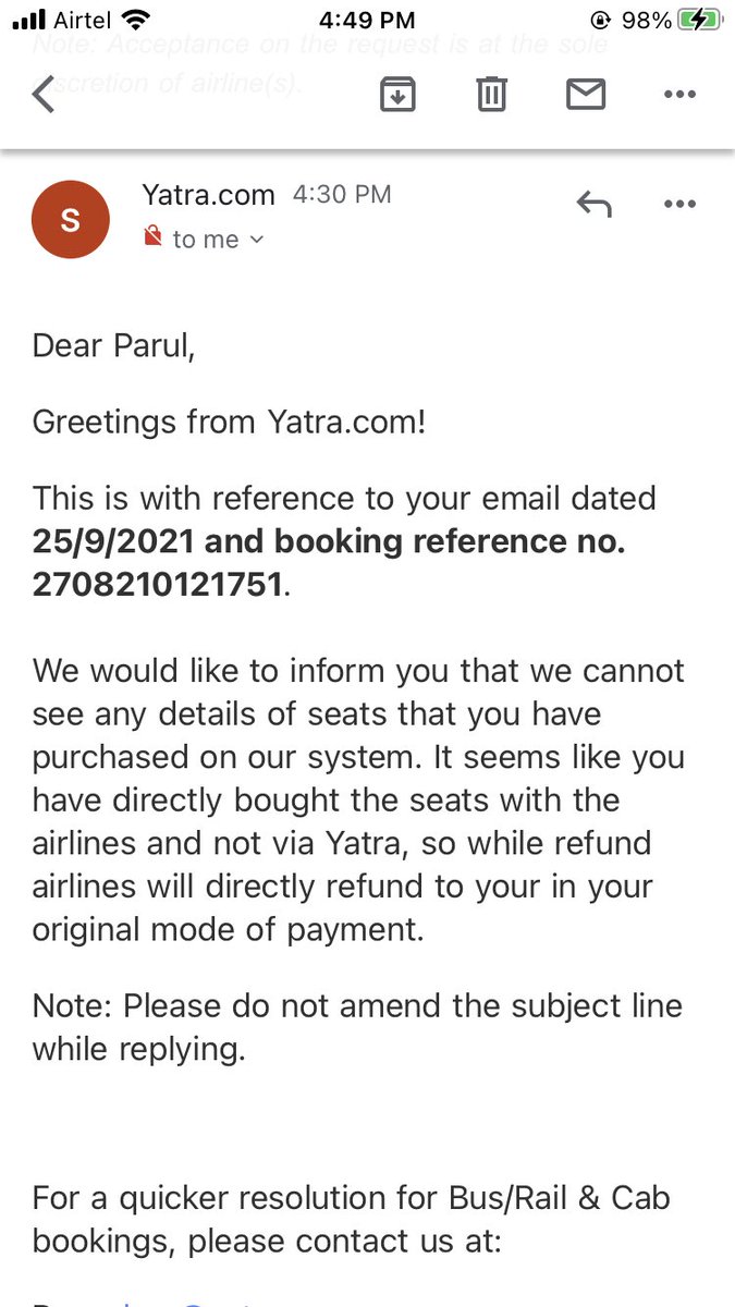 Parul96544630's tweet photo. This is the reply from yatra https://t.co/C8srdseSm4