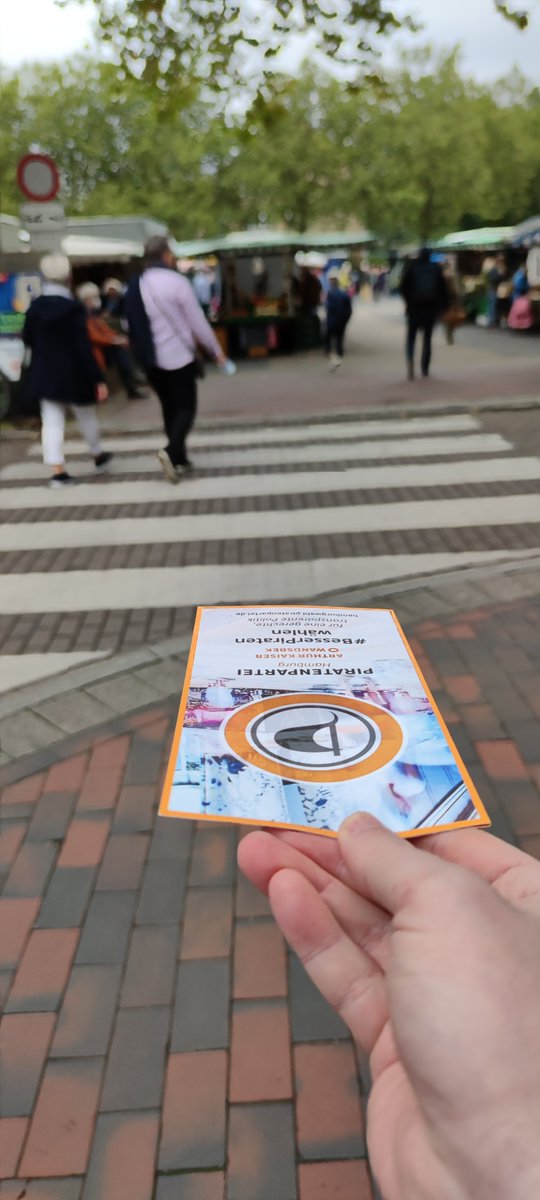 Ausgestreckete Hand mit Flyer der Piratenpartei Direktkandidat Arthur Kaiser am Wandsbeker Wochenmarkt mit Zebrastreifen und Marktgeschehen im Hintergrund