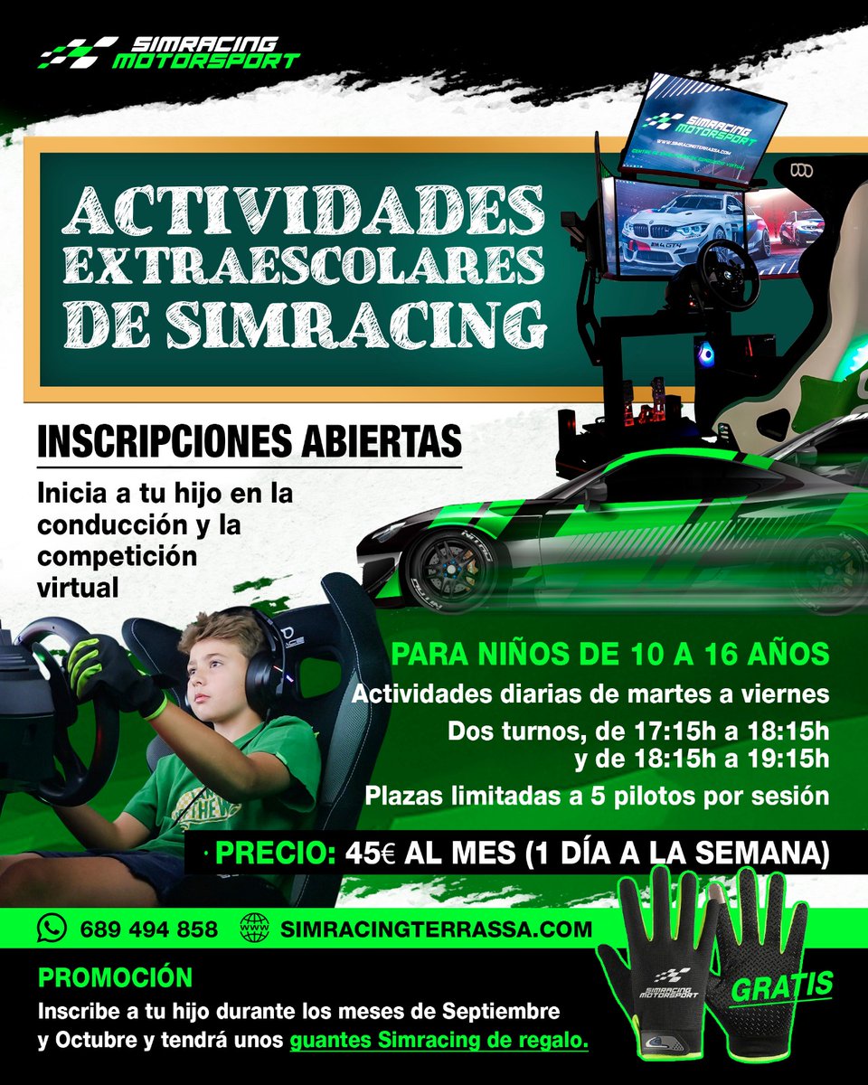 Iniciamos actividades extraescolares de Simracing destinadas a niños entre 10 y 16 años!!! 💪🏻💪🏻💪🏻

Inscribe a tu hijo en una experiencia totalmente innovadora. Inícialo en la conducción y la competición virtual.

Descubre al pequeño campeón que lleva dentro!! 🏆🏆🏆