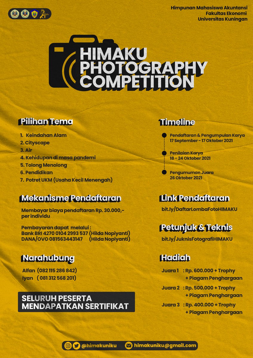 Dies Natalies Program Studi Akuntansi Proudly Present
✨HIMAKU PHOTOGRAPHY COMPETITION✨ 

Buat kalian yang tertarik dengan Fotografi, jangan ragu buat daftar sekarang jugaaa..

#HIMAKU #UNIKU #photography #lombafotografi #photographer
