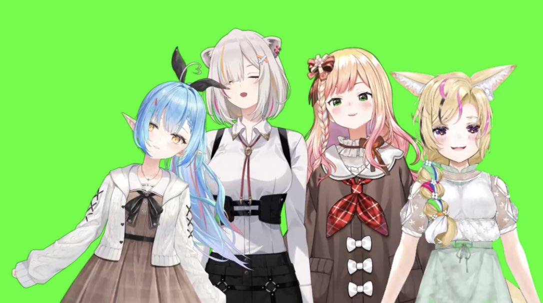 momosuzu nene ,omaru polka ,shishiro botan ,yukihana lamy multiple girls 4girls animal ears blonde hair fox ears green background blue hair  illustration images