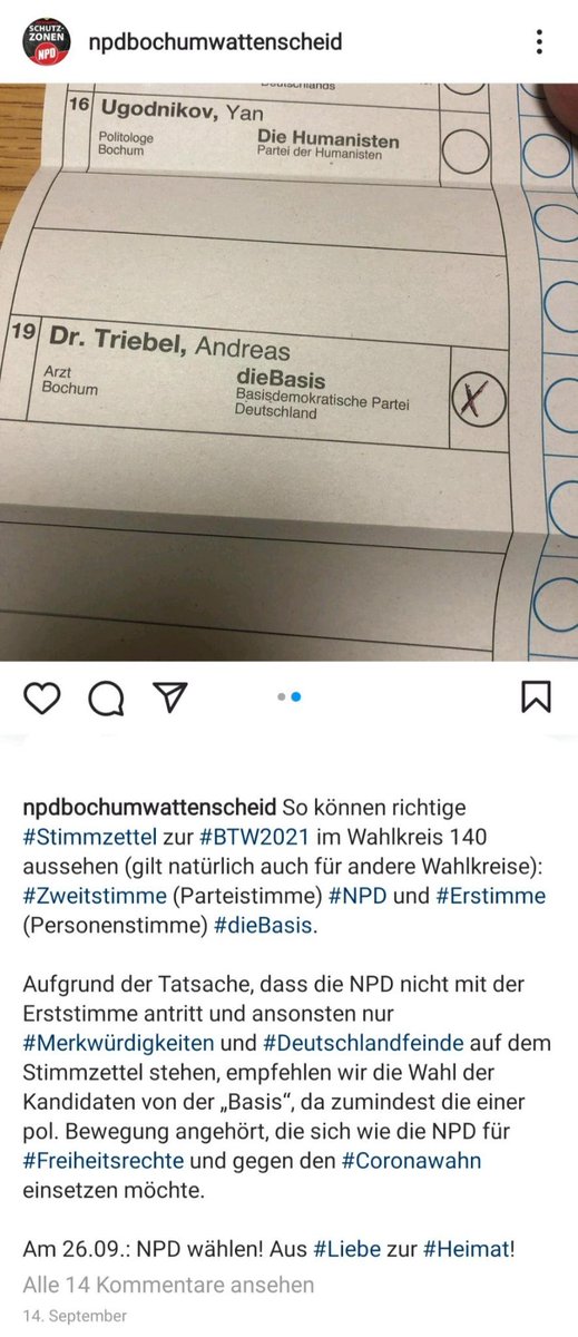 antifa_linke's tweet photo. Wer noch irgendwelche Zweifel hatte, dass die Schwurbel Partei Die Basis unwählbar ist, sollte hiermit überzeugt sein:

Die #Bochum'er NPD gibt dieses Jahr mangels eigener Direktkandidat*in die klare Empfehlung, die Erststimme an #Triebel von Die Basis zu geben

#nonazisbo #nonpd https://t.co/cGxYeN8uWw