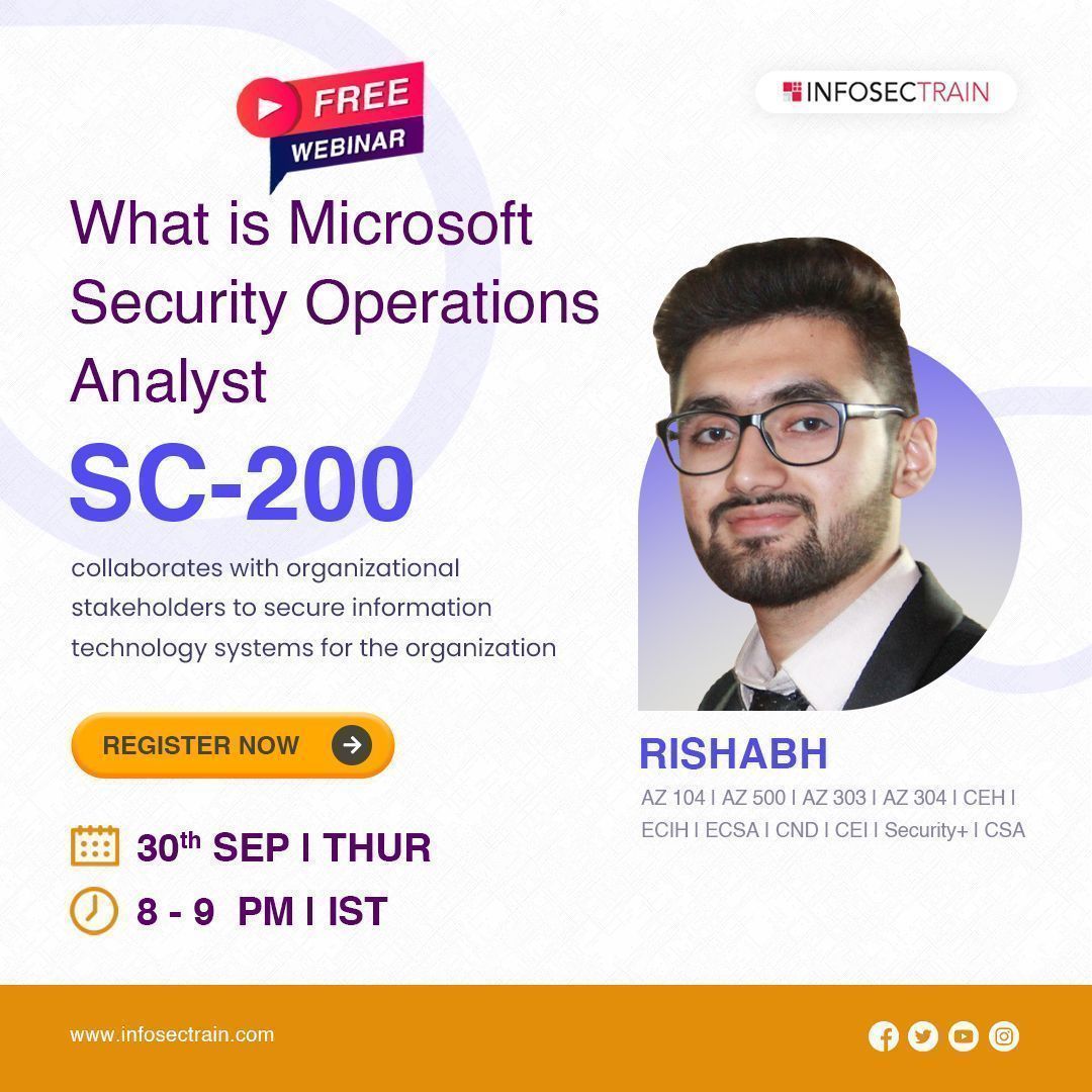 Infosec_Train's tweet photo. #LIVE_EVENT
What is Microsoft Security Operations Analyst (SC-200)
30th SEP 2021 (THU) 08.00 -09.00 PM (IST)
Register now: https://t.co/5jT1FFTgFT
Email: webinar@infosectrain.com
#SC200 #security #cyber #cloud #cloudsecurity # #cybersecurity #webinar #livewebinar #training https://t.co/XsrBy6EP81