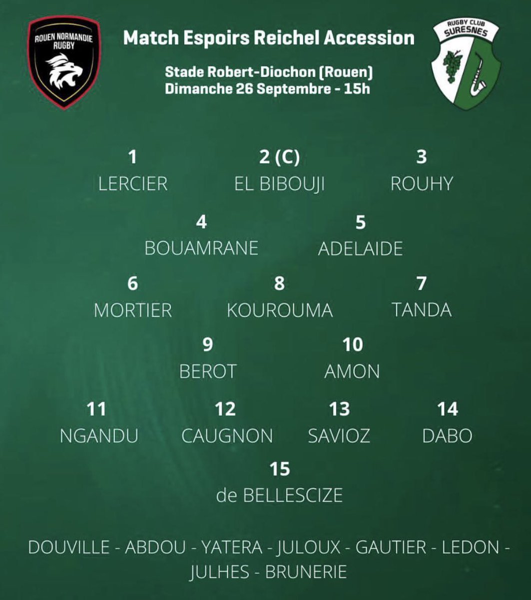 RCSuresnes's tweet photo. Composition de nos #Espoirs pour le match de ce dimanche 26 septembre  à 15h contre le @RouenNdieRugby 
#TousVertsEtNoirs 💪🏿💪💚🖤

@villedesuresnes @LIFRugby @FranceRugby https://t.co/IXN0UN3E8f