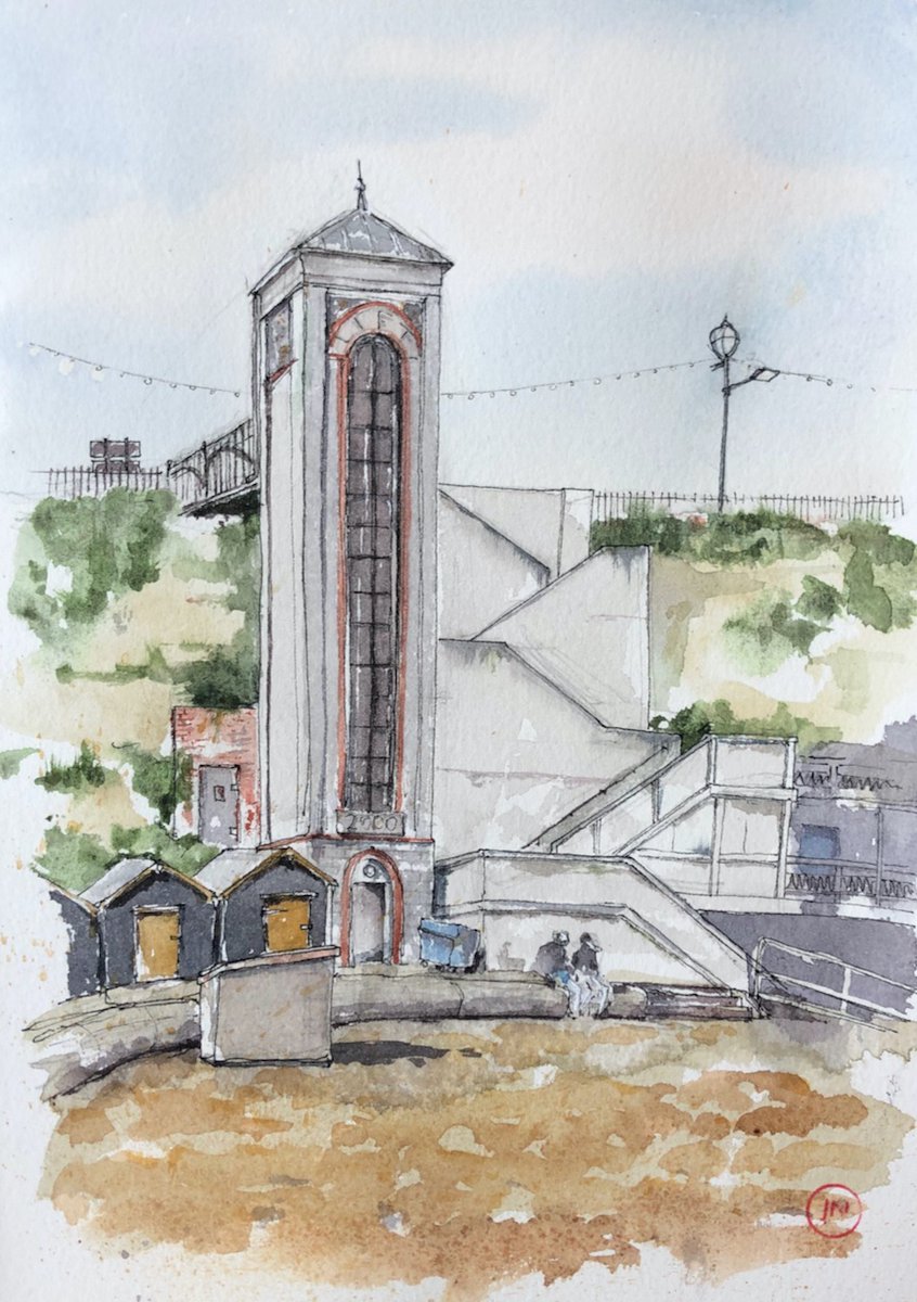JaneNorthcote's tweet photo. The marvellous lift at Viking Bay, #Broadstairs. Well done to the valiant citizens of Broadstairs who fought to keep it open. Lots of people using it last weekend.
#coastal #thanet @LoveMargate 

see my website: https://t.co/dtBaigRJ6F

@DANIELSMITH_ART #watercolour
#lift #beach https://t.co/dghYoouM4a