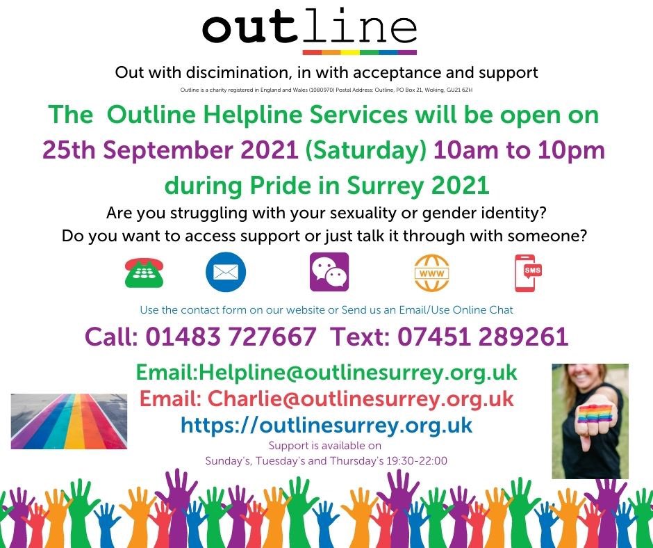 Today is Pride in Surrey. Our Helpline is open today to help those struggling with sexuality and gender identity.