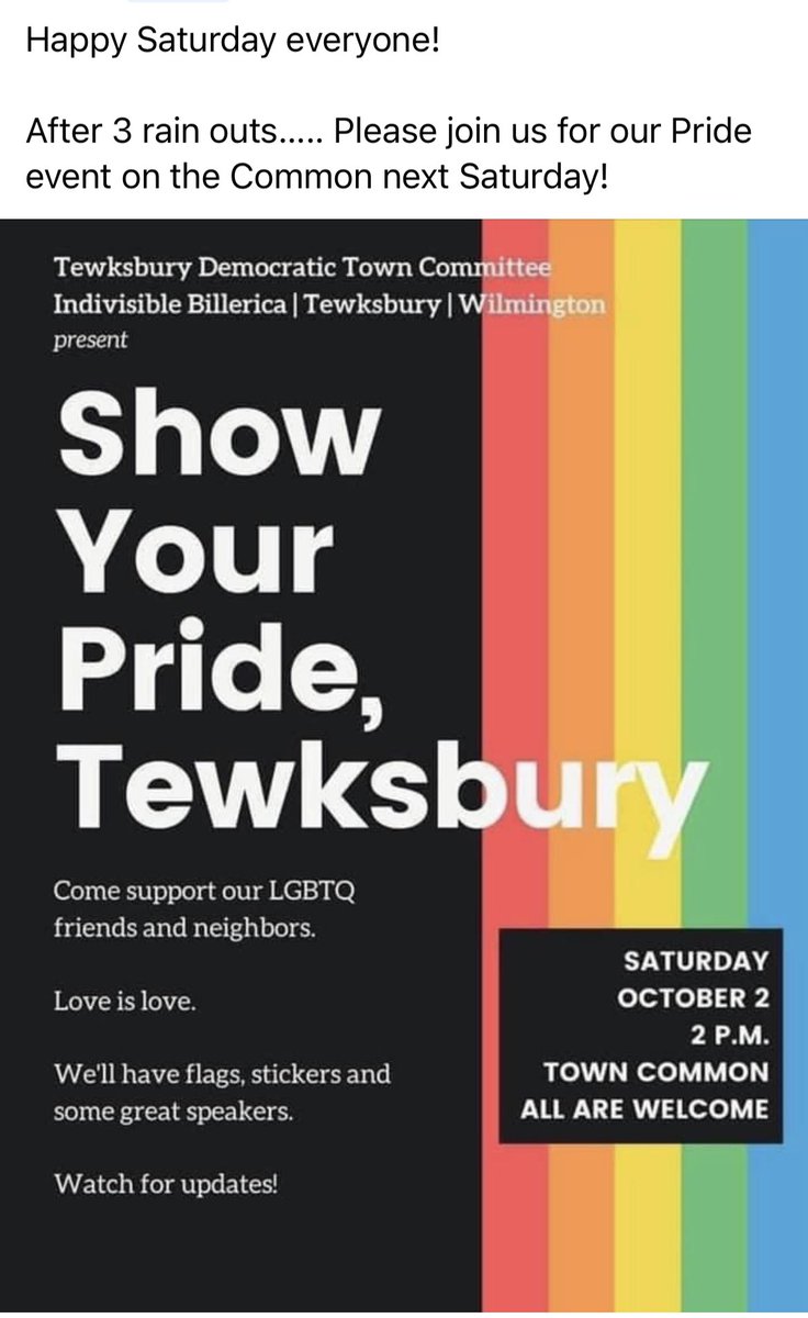 Join us on the Common for a Pride celebration!  #tewksbury #Wilmington #Billerica #Pride2021