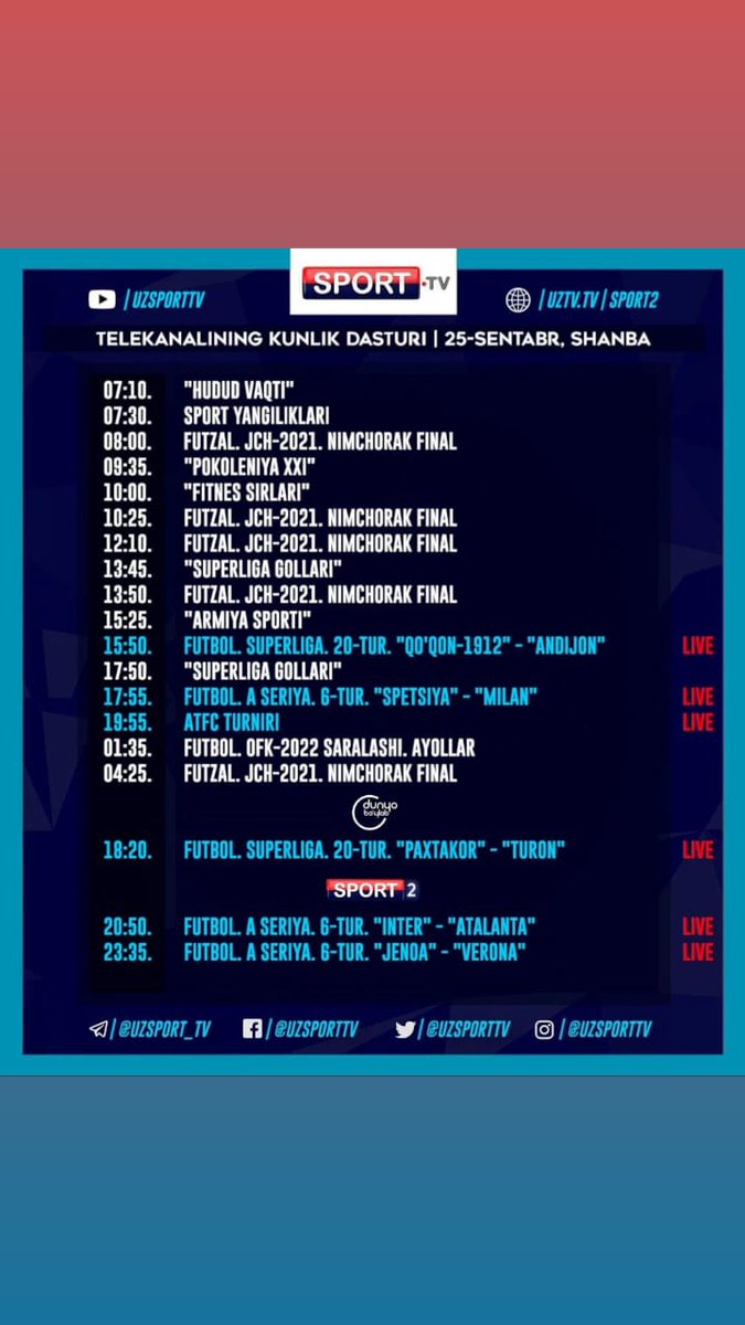 🖥 SPORT telekanalining 25-sentabr kungi ko‘rsatuvlar dasturi 📋

<a href="/UZSportTV/">SportTV</a> #uzsporttv