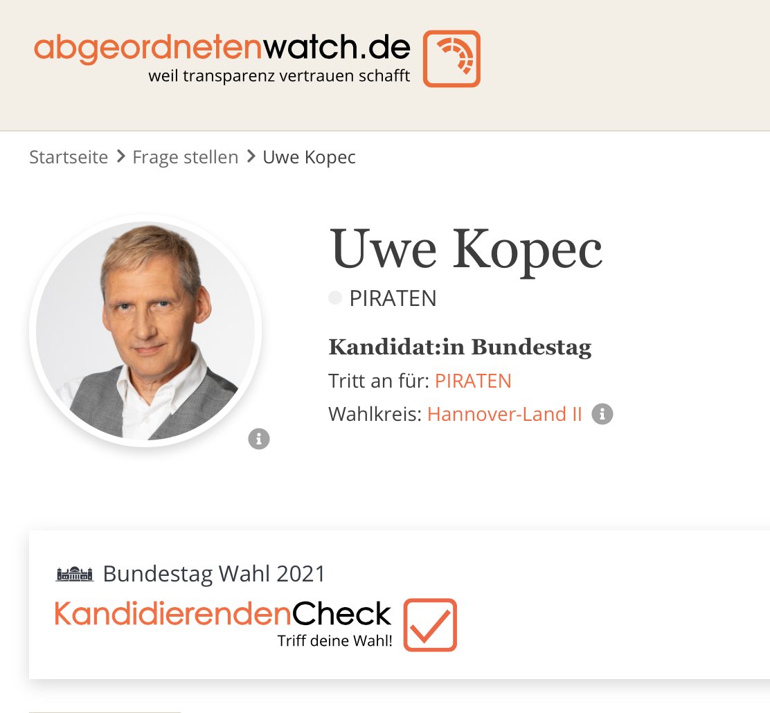 PiratenHannover's tweet photo. Unser #Piraten Direktkandidat zur #Bundestagswahl im WK47 #Hannover Land 2 Uwe Kopec stellt sich auf @a_watch vor.

https://t.co/qMEPM0v2Ut

Deine Stimme - Deine Wahl!
#PiratenWählen #BTW21 #BTW2021

@PiratenNDS
#Piraten #NDS /UKO !B https://t.co/Dzmgfgn3iQ