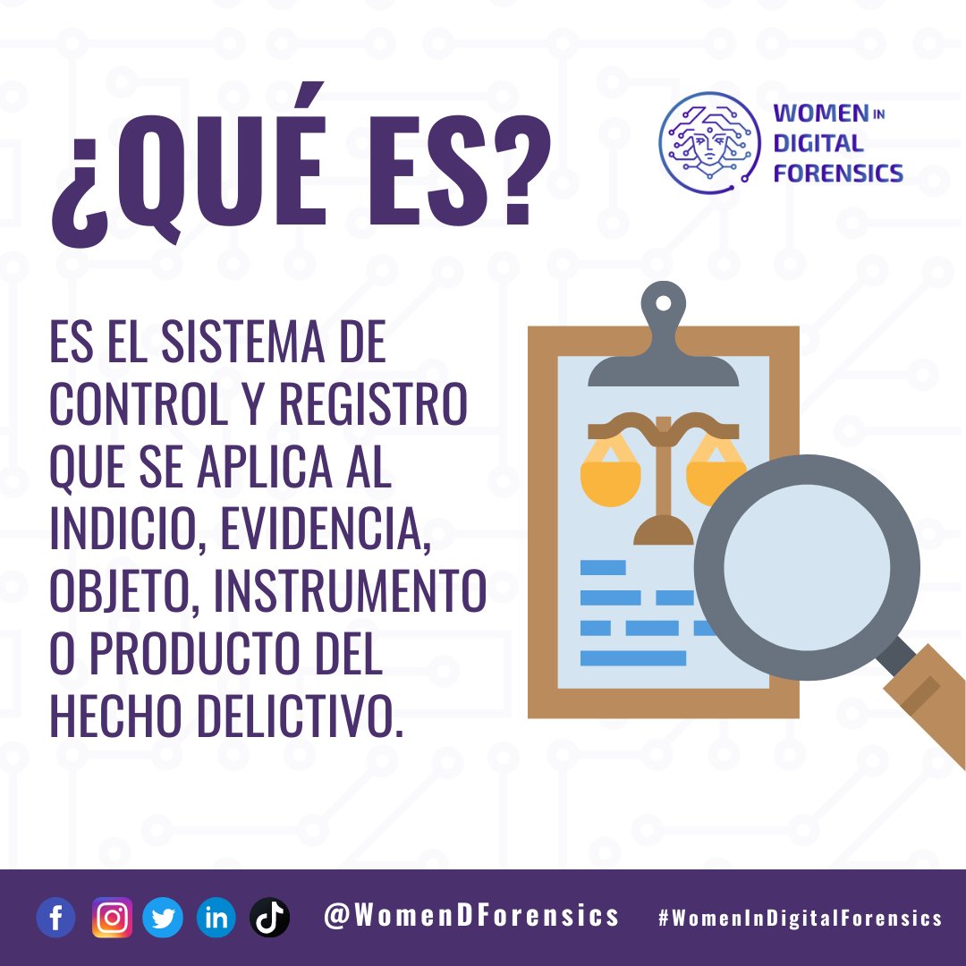 Es el sistema de control y registro que se aplica al indicio, evidencia, objeto, instrumento o producto del hecho delictivo, desde su localización, descubrimiento o aportación.
#WomenInDigitalForensics #DigitalForensics #AnálisisForenseDigital #CadenaDeCustodia