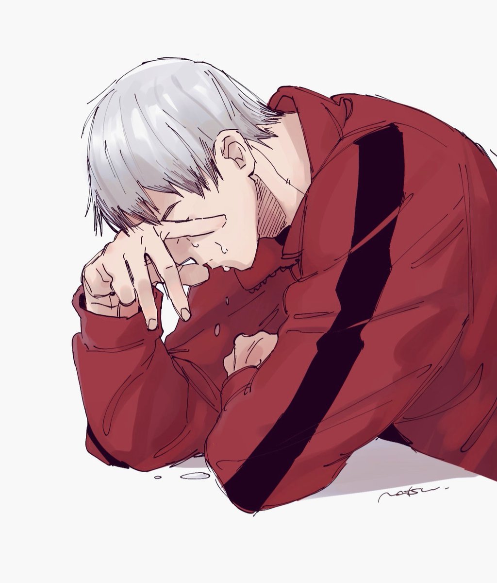 solo 1boy male focus red jacket grey hair jacket crying  illustration images