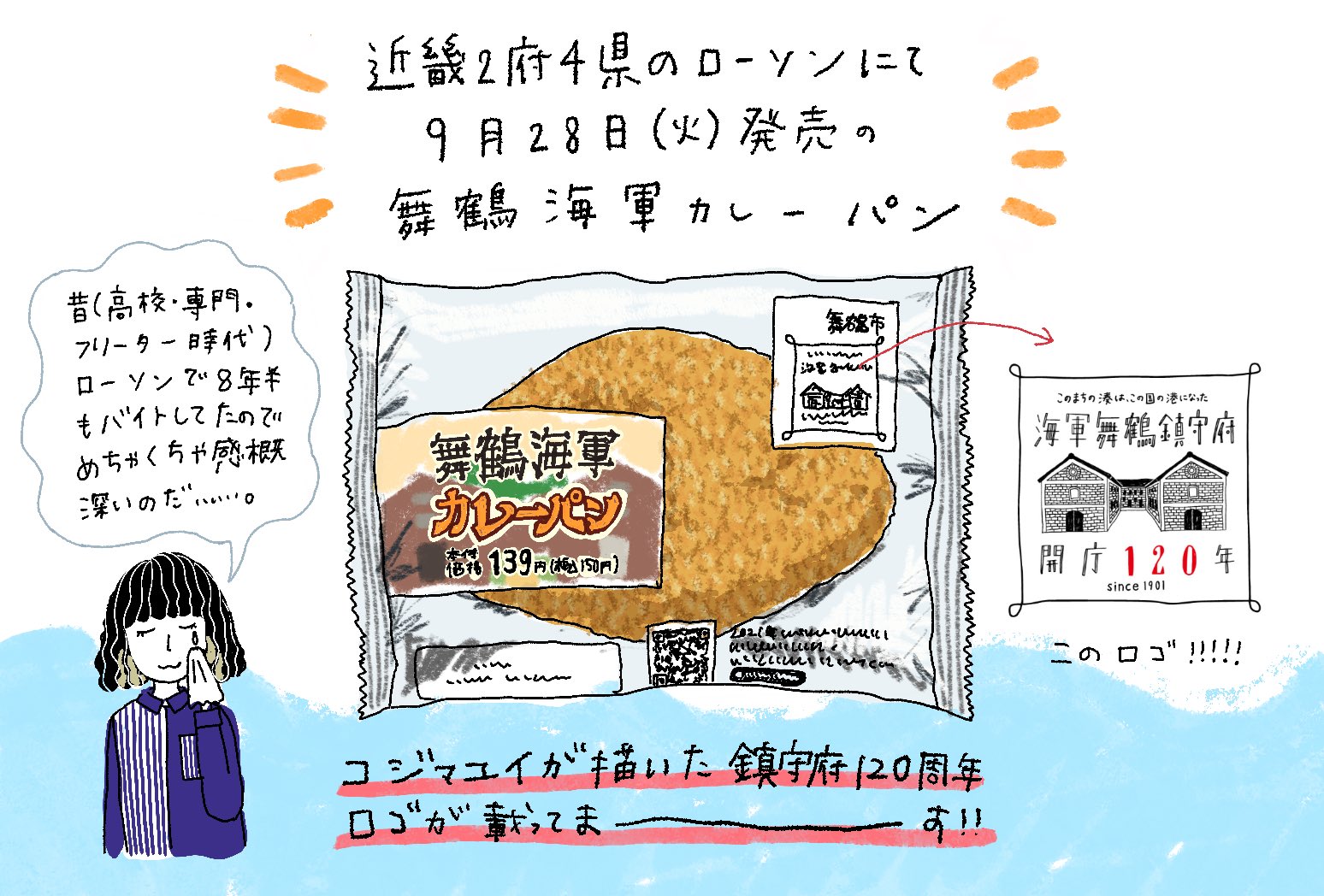 コジマユイ おしらせ 9月28日 火 から 近畿2府4県のローソンにて発売される 舞鶴カレーパン こちらのパッケージにわたくしめが描いた 海軍舞鶴鎮守府開庁1周年ロゴ を載せてもらってます 昔ローソンで働いてたからめちゃんこうれしー