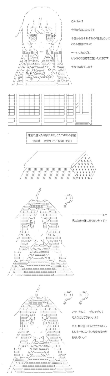 性別の違う彼/彼女たちと、こたつのある部屋 102～105話。
TSっ子、TS転生っ子たちがそれぞれ集まってのタイトルに沿うとも沿わないような会話です。それぞれに事情が違うので、まだまだ話が合うまでには時間がかかりそうですね。 (1/7) 