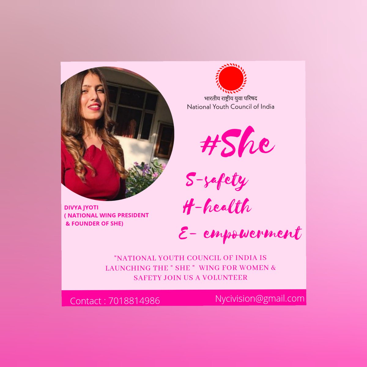 Divya34343936's tweet photo. National Youth Council Of India  is launching a wing for women &amp; safety named as a #she wing.
Join us as a female volunteer!
It encompasses all the topics relating to the women!  
Contact and join!
Thanks &amp; regards 
Divya jyoti
@amarprasadreddy 
@RVimal70448400 
@akhildadwal https://t.co/hFp2RFi3lg