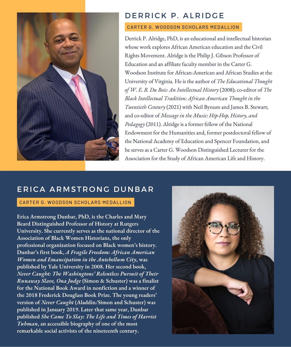 CONGRATULATIONS to Derrick P. Alridge, PhD and Erica Armstrong Dunbar, PhD, two of this year's winners of the #CarterGWoodson Scholar’s Medallion!!! Registration for #ASALH2021 is still open. Don't miss out!!! asalh.org/register