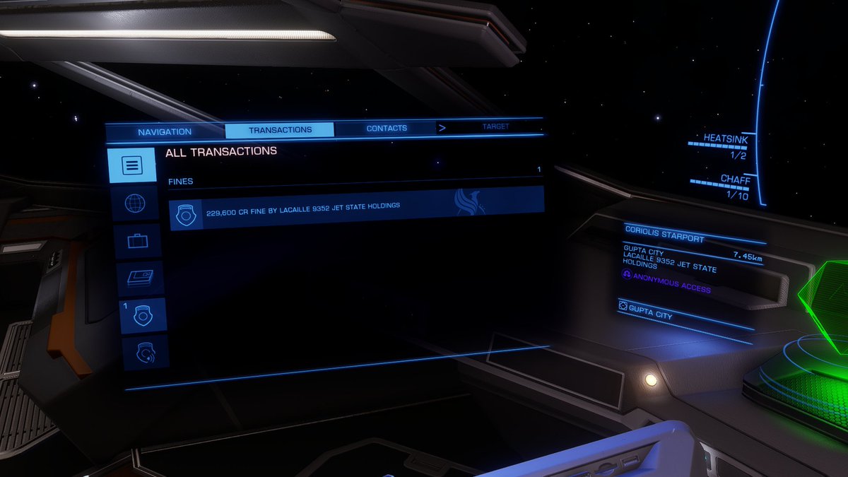 Cmdr_HW's tweet photo. Waiting to leave the station. Krait MKII comes in through the mail slot and does an immediate 180. Suspicious, I thought so I scanned it. Wanted. Followed it out of the station and engaged it using beams. Then fined for violating no fire zone. How much per second? 🤣 https://t.co/AtpjsXBUnL