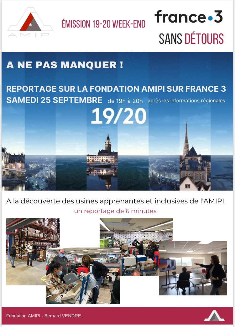 Fondation_AMIPI's tweet photo. 🗣#ce_soir ! Les 🏭#apprenantes et #inclusives de la @Fondation_AMIPI à l’honneur dans le 19/20 de @France3tv. En fil conducteur ➡️ le 📖 du Pr @JmOughourlian : le travail qui guérit l’individu, l’entreprise, la société. 📽de @HeleneHug #RSE https://t.co/oKC1mdmB2w