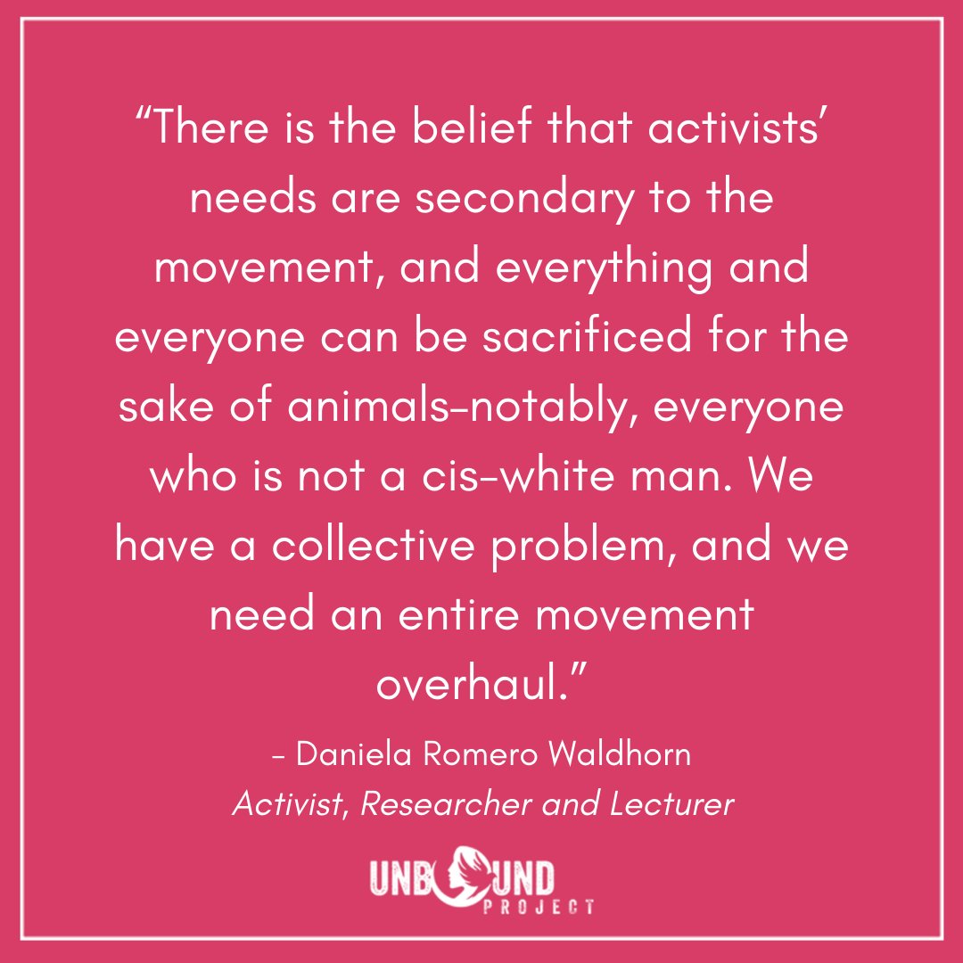 unboundproject's tweet photo. Have you read our latest #UnboundProject feature? @DanielaRomeroW is an #AnimalActivist, researcher and lecturer. She points to the culture of martyrdom that leads activists to impose unrealistic expectations on themselves.

➡️ Read Daniela's feature at https://t.co/IFcEuG8sN5 https://t.co/cfWlIZOhDh