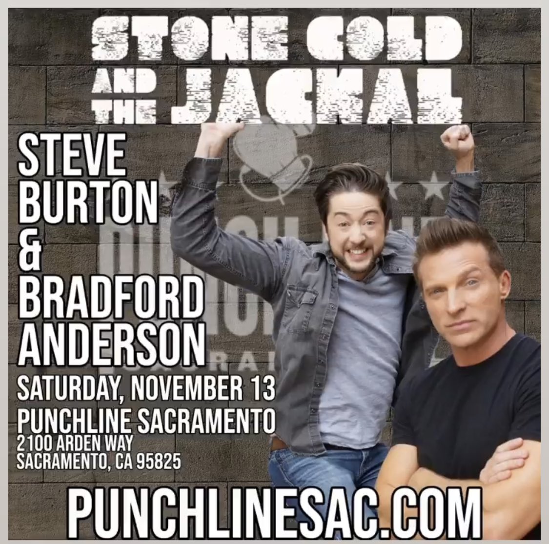 Sacramento! November 13th! We are bringing our show to your town! We love playing the punchline! Laughs and more laughs! stonecoldandthejackal.com/tour