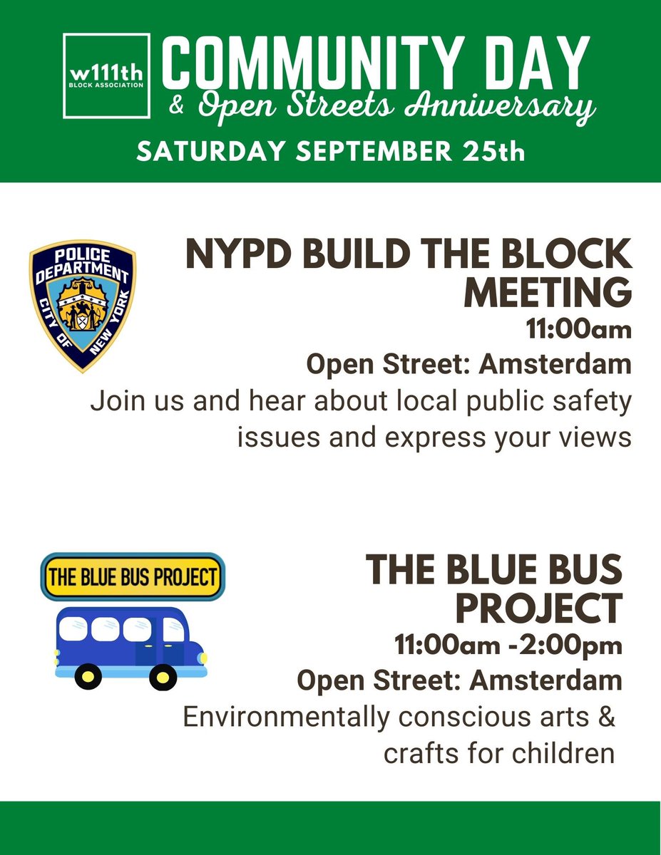 w111th's tweet photo. It’s a gorgeous day to get outside with your neighbors! Please join us on Amsterdam Ave &amp; 111th #OpenStreet. 

@NYPD26Pct @NYC_DOT @thebluebp https://t.co/sOMb3yOCMI