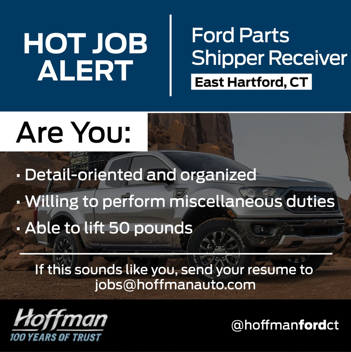 HoffmanFordCT's tweet photo. Join a company that is celebrating their 100th year. Apply here: jobs@hoffmanauto.com
.
#careeropportunities #jobs #ct #connecticut #cthiring #ctemployment #hiring #nowhiring #recruitment #hotjobs #jobboard #job #careers #jobhunt #employment #work #ford #jobopening #automotive https://t.co/ae9RIFYT5V